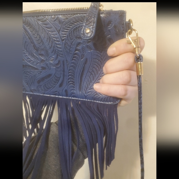 Free People Blue Embossed Fringe Bag. - Picture 7 of 14